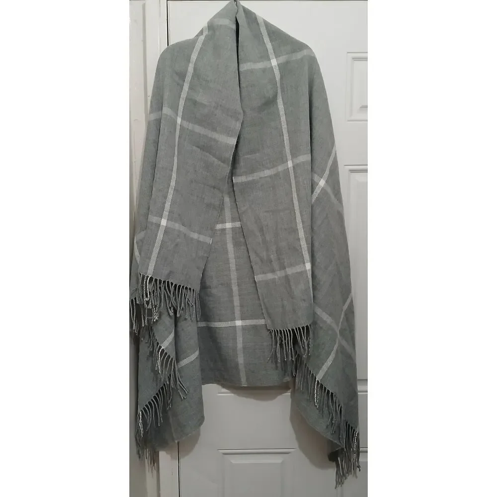 J.crew womens huge blanket wrap scarf gray wool fringe shawl plaid